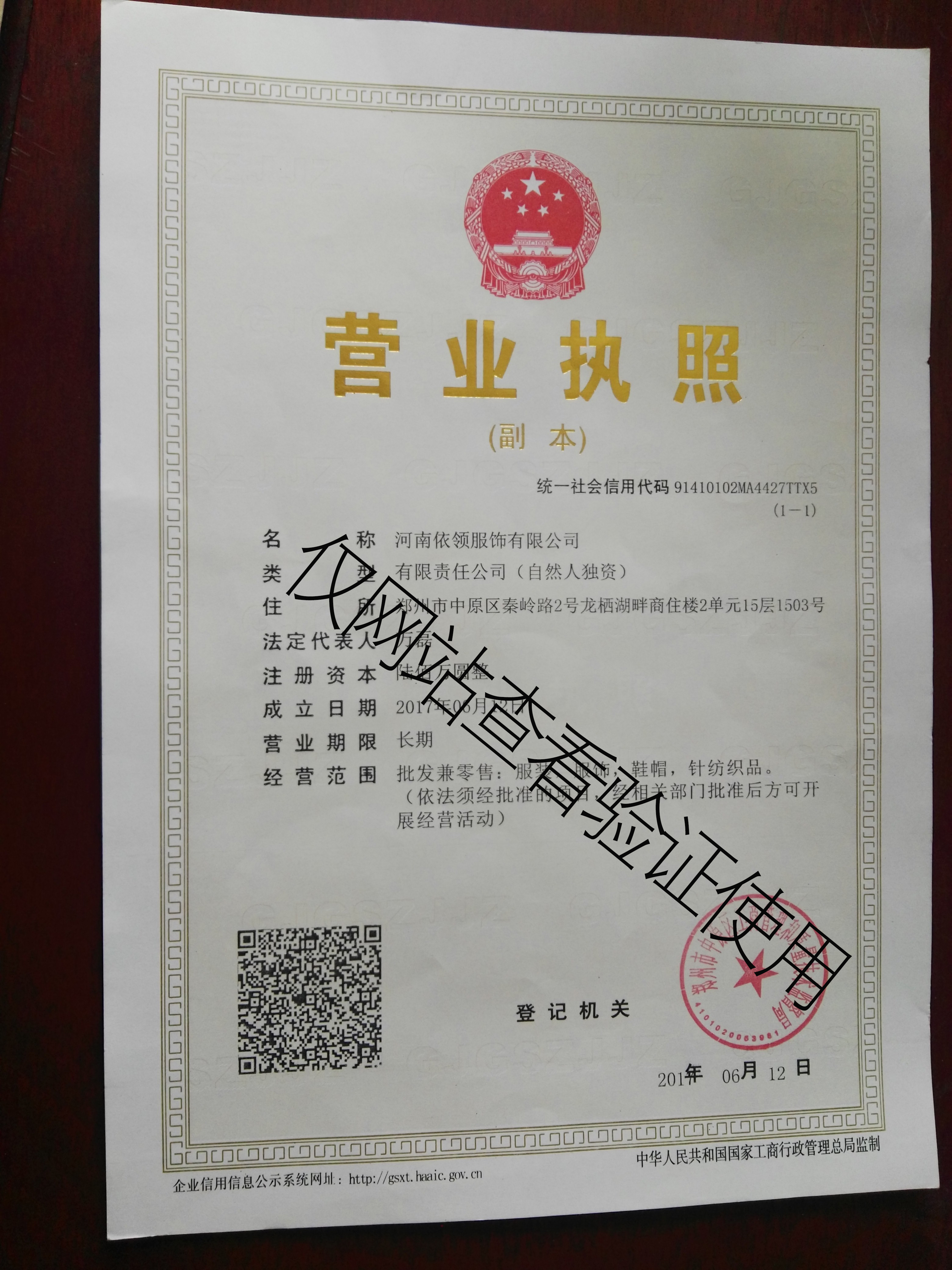  河南依领服饰有限公司公司资质